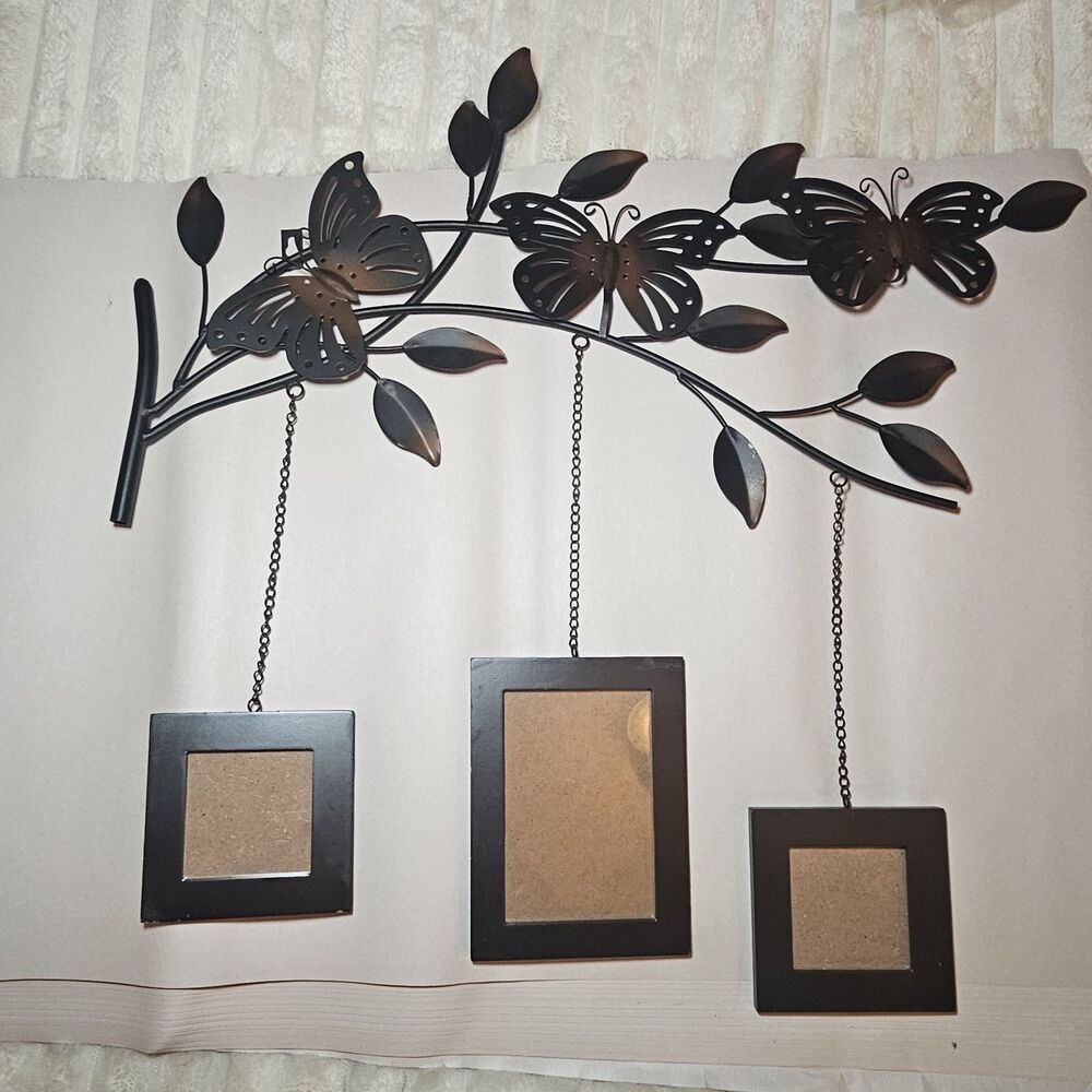 Dark Brown Tree Branch Metal Butterfly 3 Photo Frame Wall Hanging